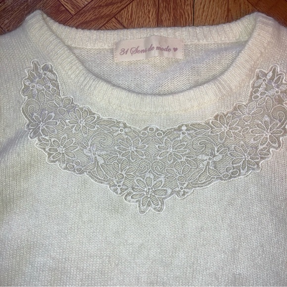 31 Sons De Mode Demodé Angora Mix Fuzzy Sweater Ivory Lace Collar Japan Size 36 - Picture 2 of 5